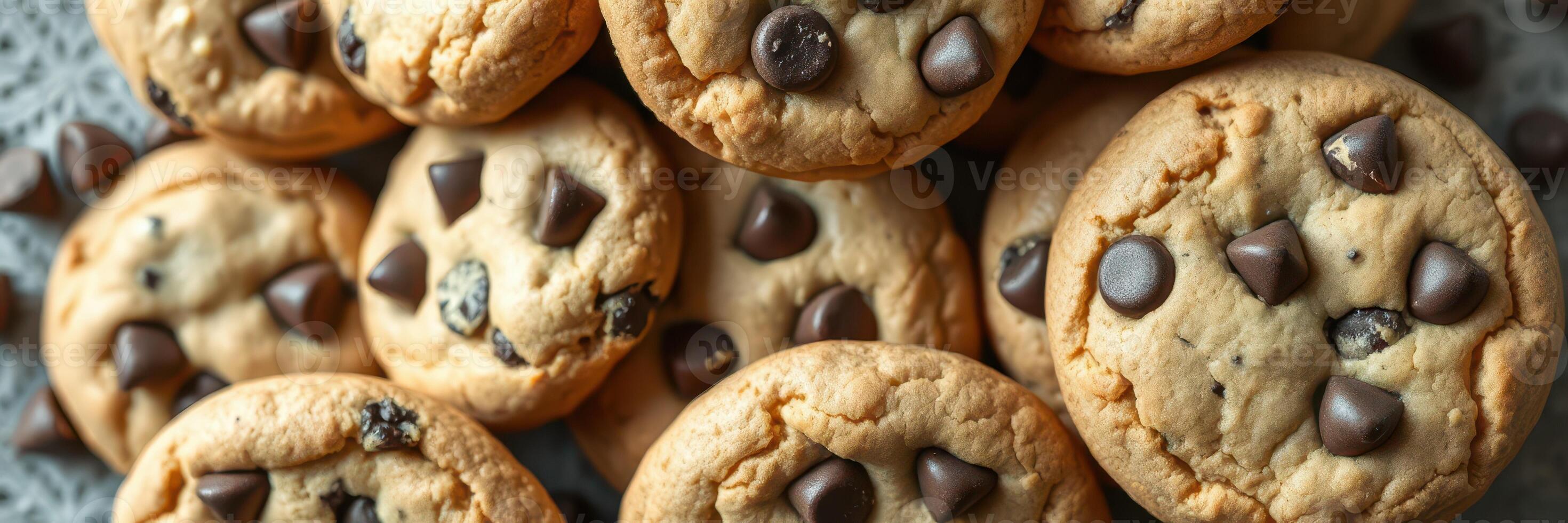 Freshly baked chocolate chip cookies stacked on a cooling rack, showcasing a golden brown appearance and generous chocolate pieces photo