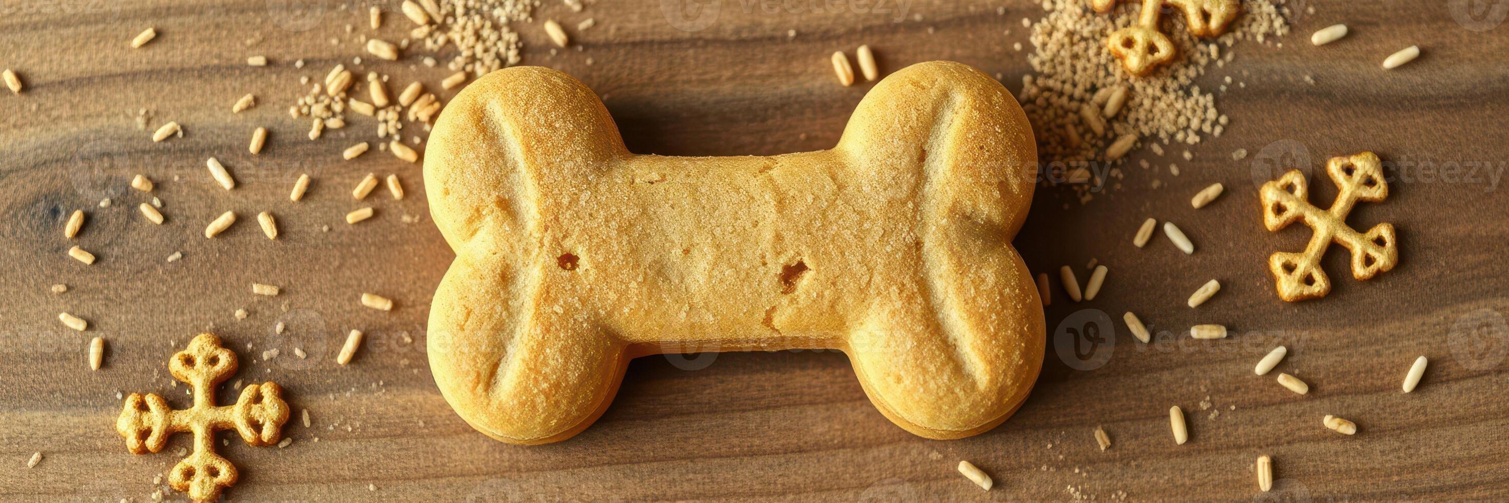 Holiday-themed dog biscuit with decorative sprinkles on wooden surface photo