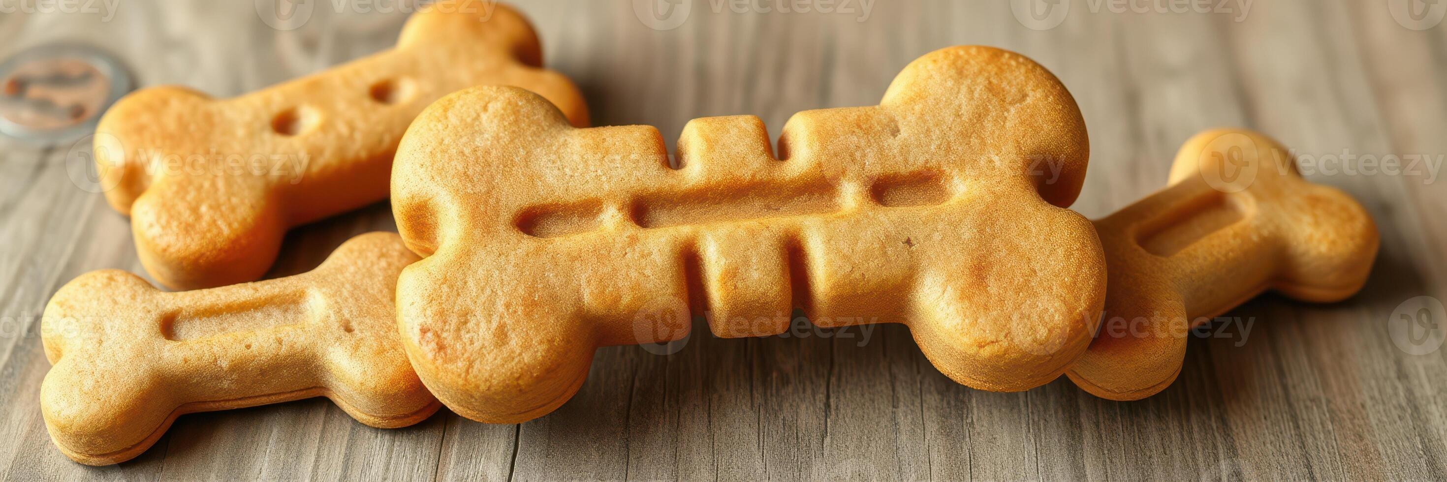 Dog treats shaped like bones arranged on a wooden surface in a cozy kitchen setting photo