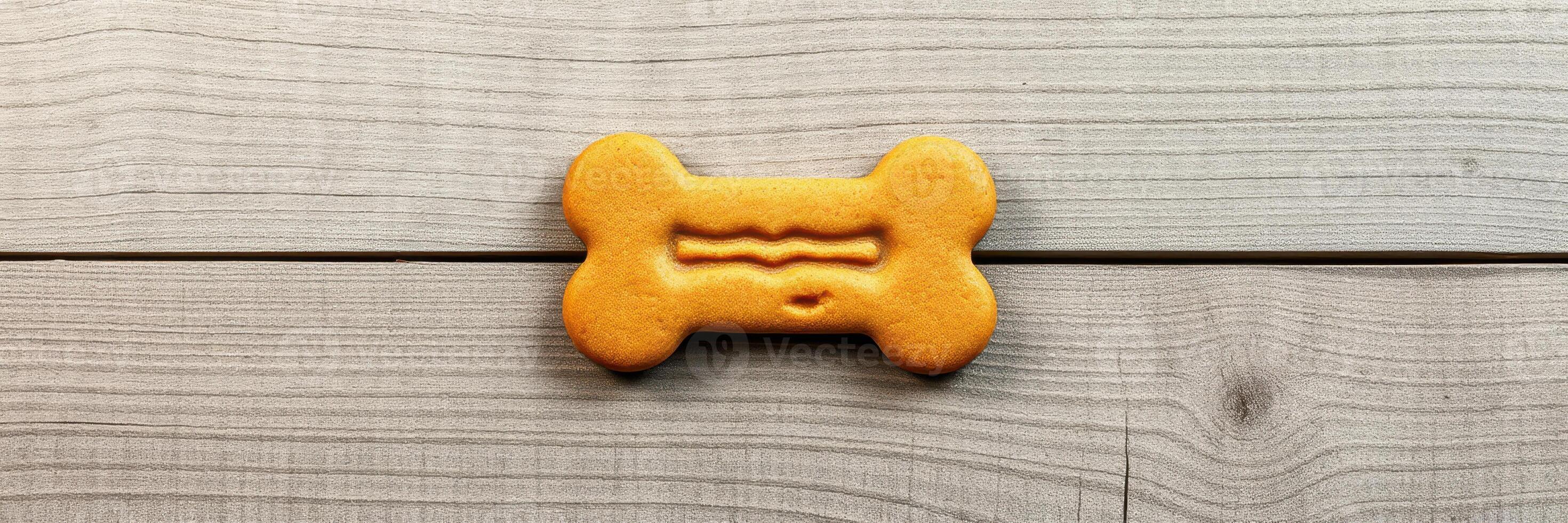 Dog-shaped cookie rests on wooden surface for pet treats and snack time enjoyment photo