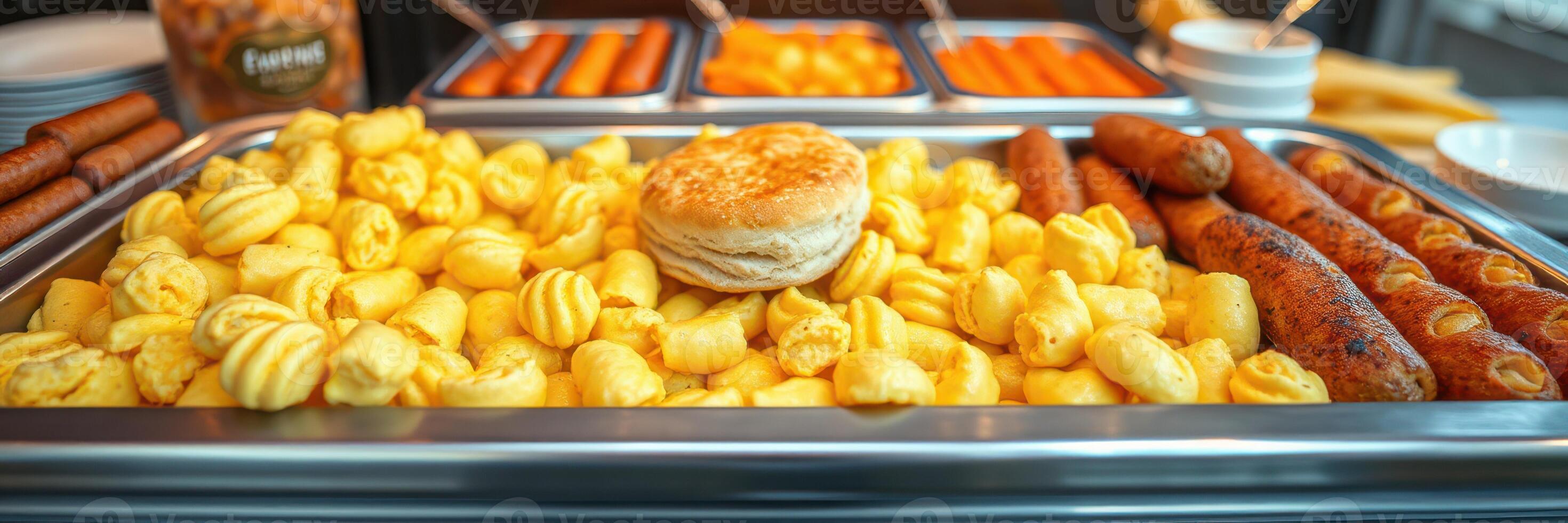 Breakfast buffet featuring a variety of pastries, sausages, and pasta served in a bright dining area photo