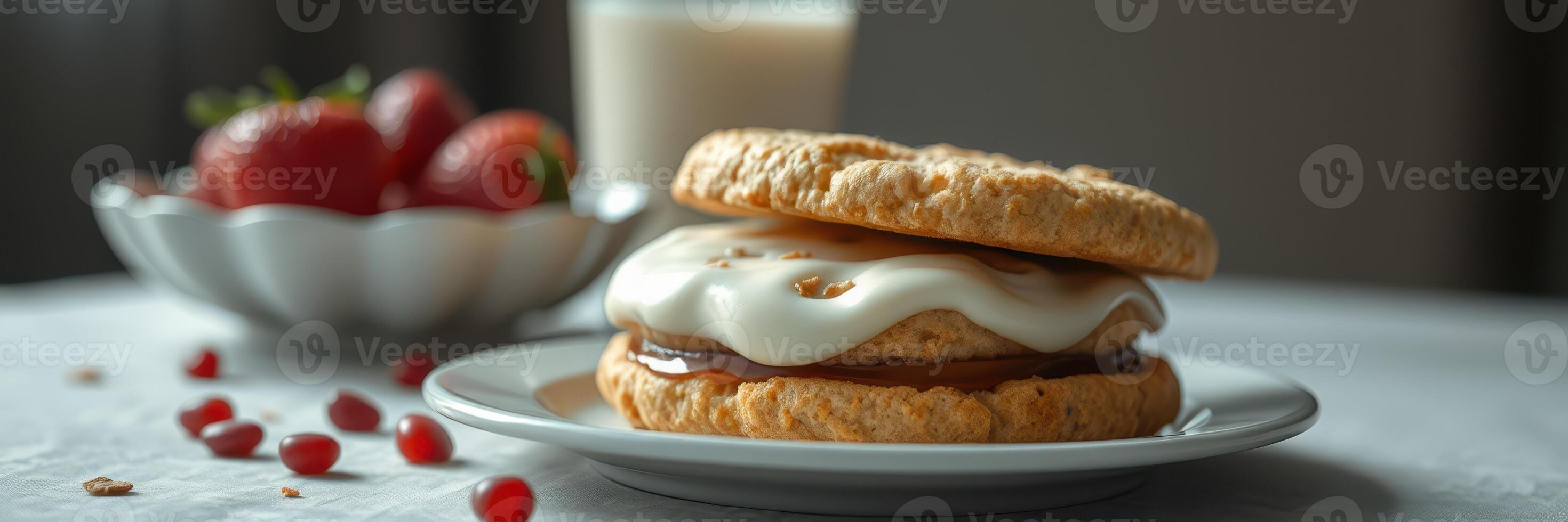 Delicious cookies with cream and strawberries on a table set in a cozy indoor kitchen environment photo
