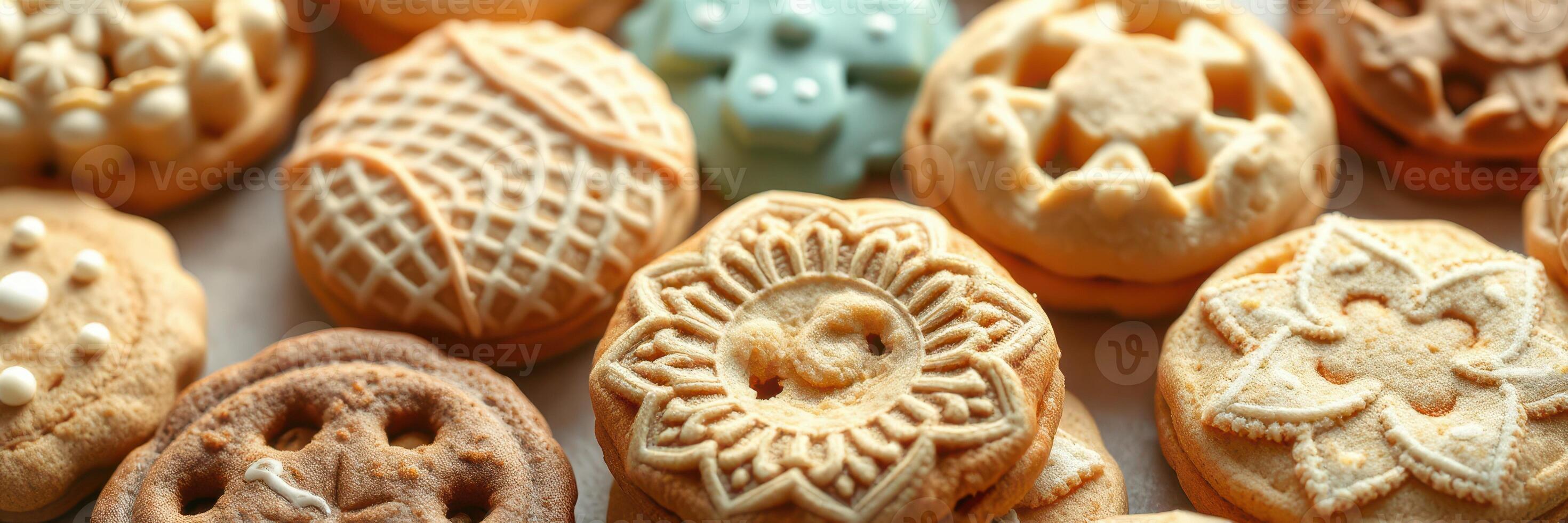 Beautifully decorated cookies with intricate designs displayed together on a light surface photo