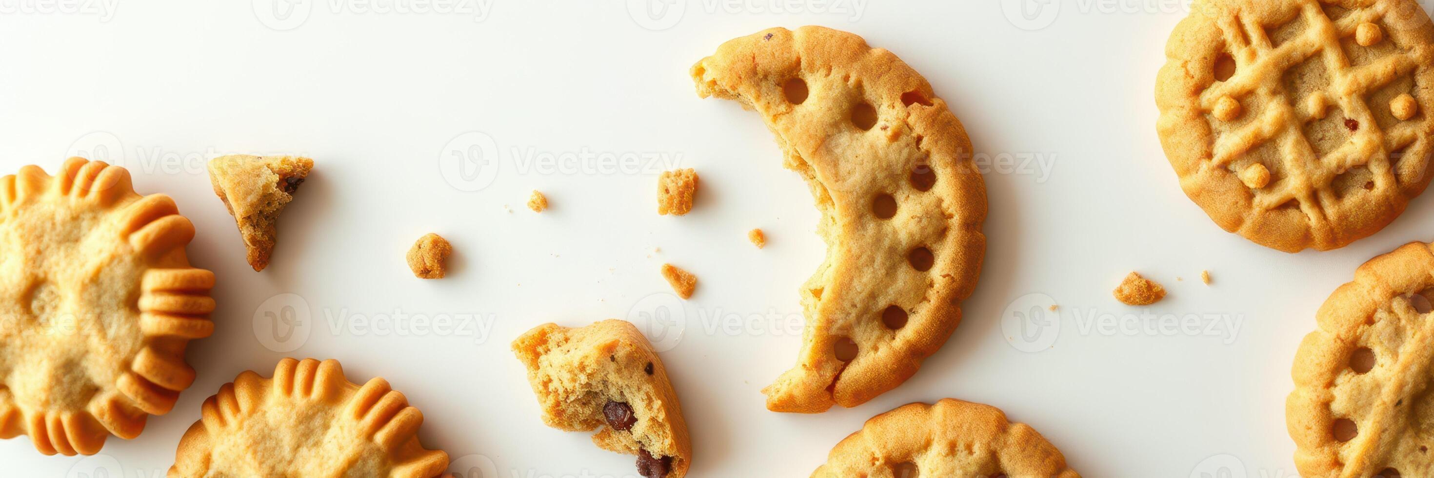 Cookies scattered on a white surface, showcasing different shapes and sizes with bites taken out photo