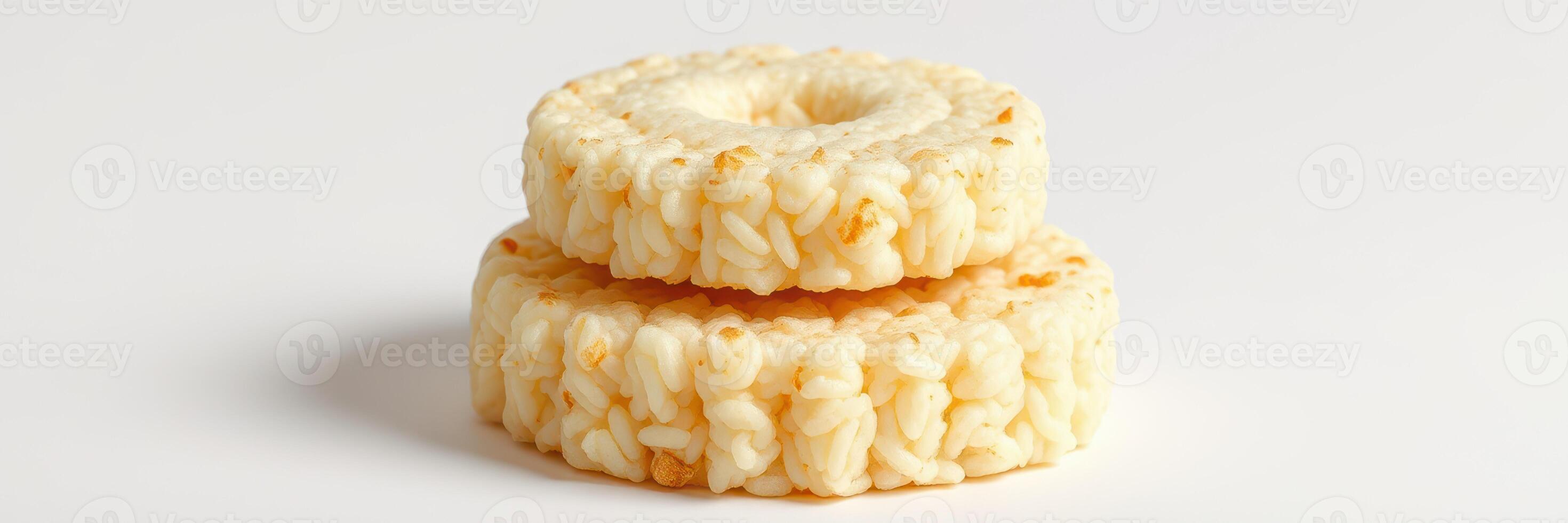 Delicious rice snacks stacked on a white surface, perfect for a light treat or healthy snack option at any time photo