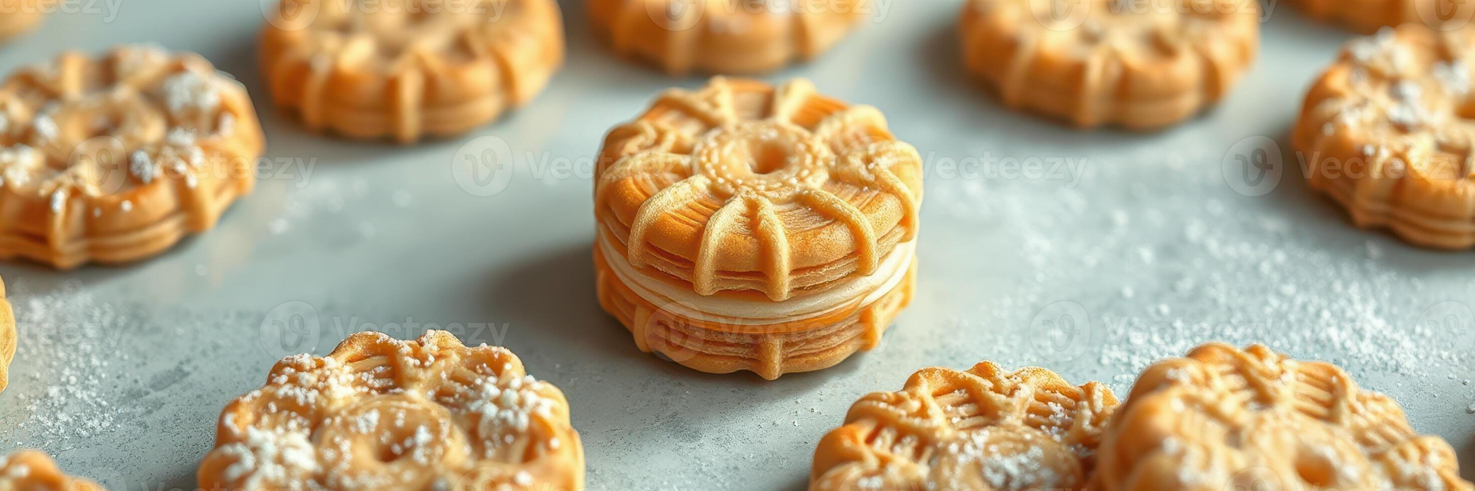 Delightful assortment of intricately designed cookies arranged on a baking sheet ready for serving photo