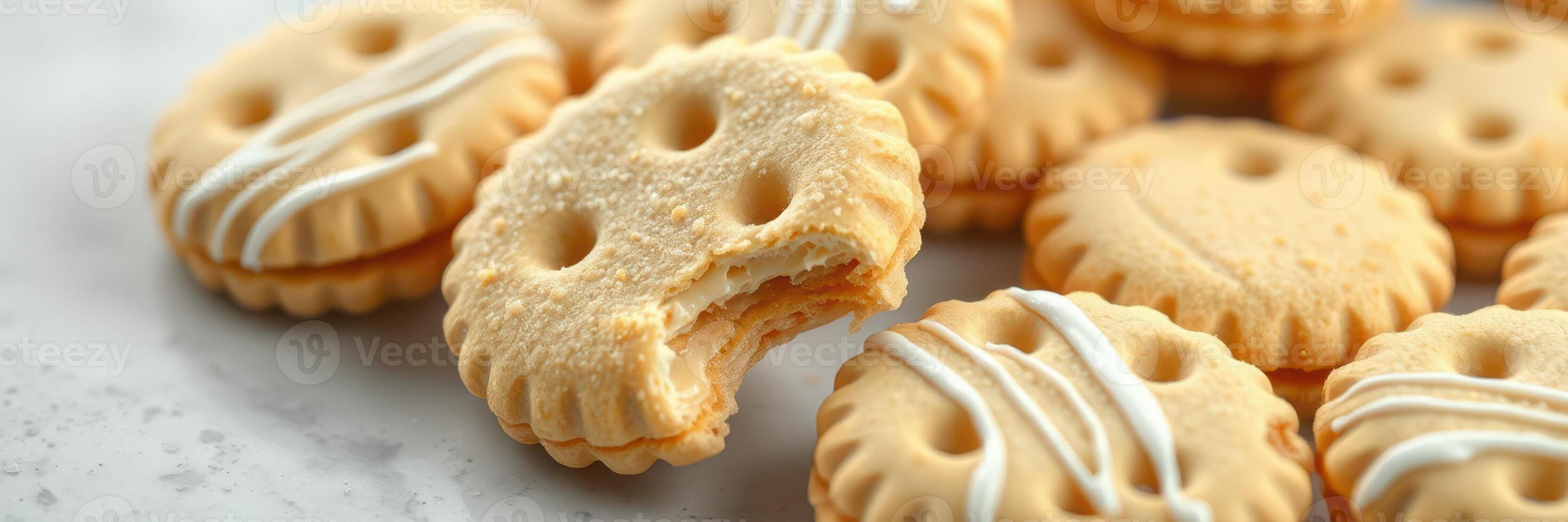 Sweet round cookies with bite taken out, showcasing a delightful assortment on a light surface photo