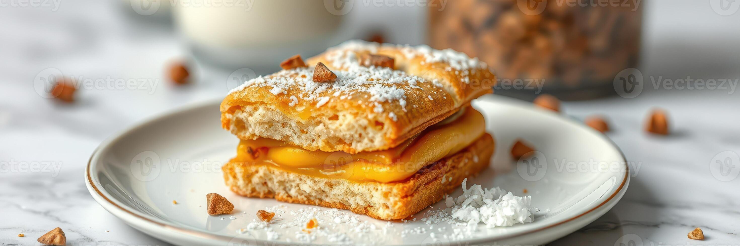 Delicious dessert with layers of pastry and creamy filling served on a white plate surrounded by crumbled toppings photo