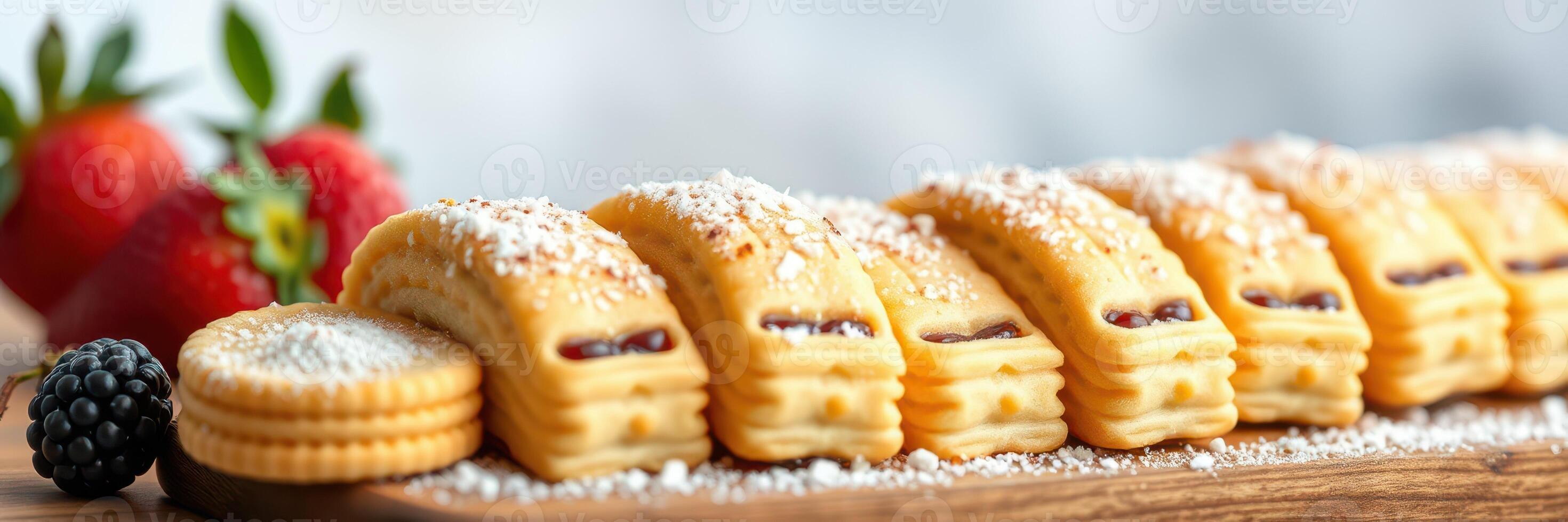 Delicious pastry assortment featuring layers of flaky dough and fruit filling arranged on a wooden platter with fresh berries photo