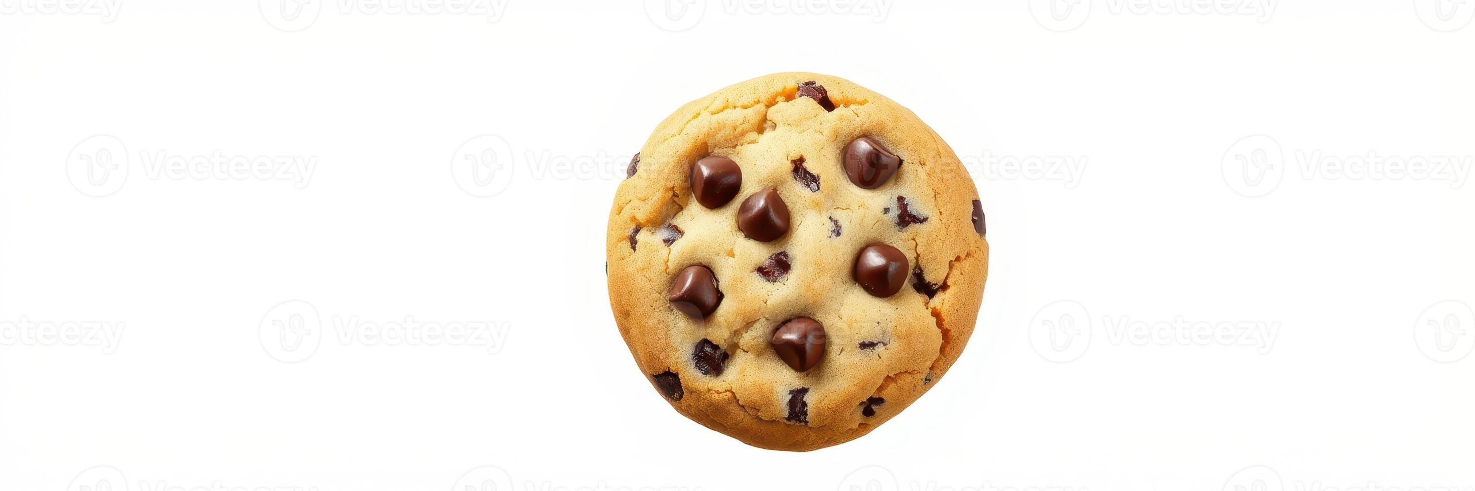 Freshly baked chocolate chip cookie placed on a white background perfect for dessert lovers photo