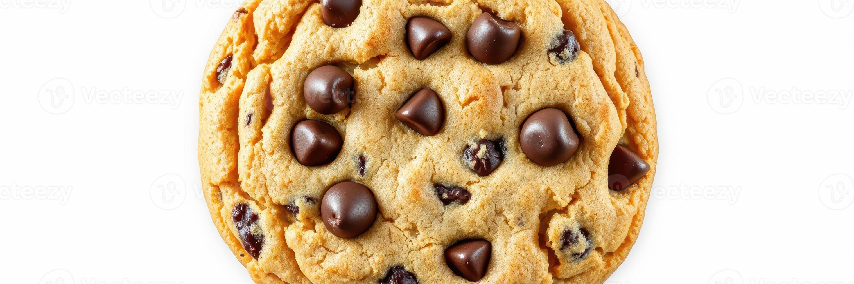 Delicious chocolate chip cookie freshly baked and ready to eat, showcasing a golden brown color and chocolate morsels photo