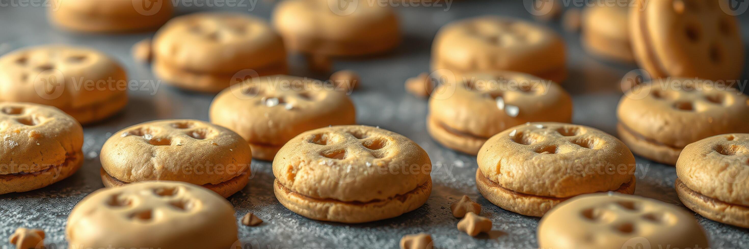 Delicious homemade cookies arranged on a gray surface with caramel pieces scattered around photo