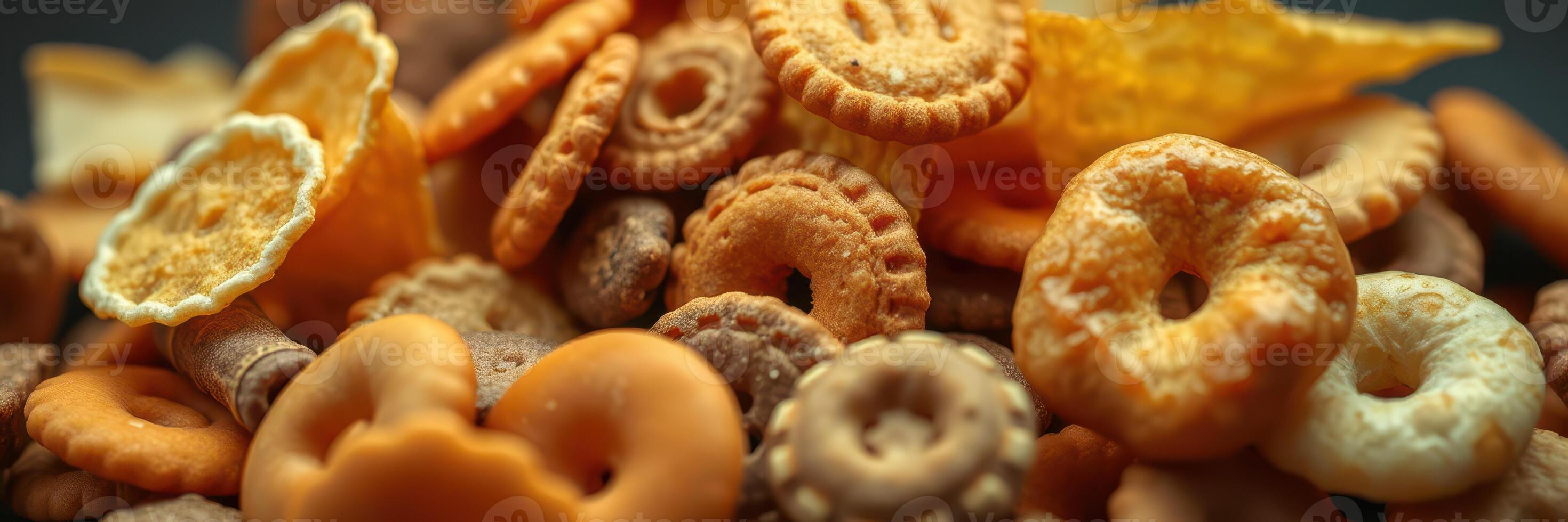 Variety of colorful snacks displayed on a dark surface in a casual setting photo