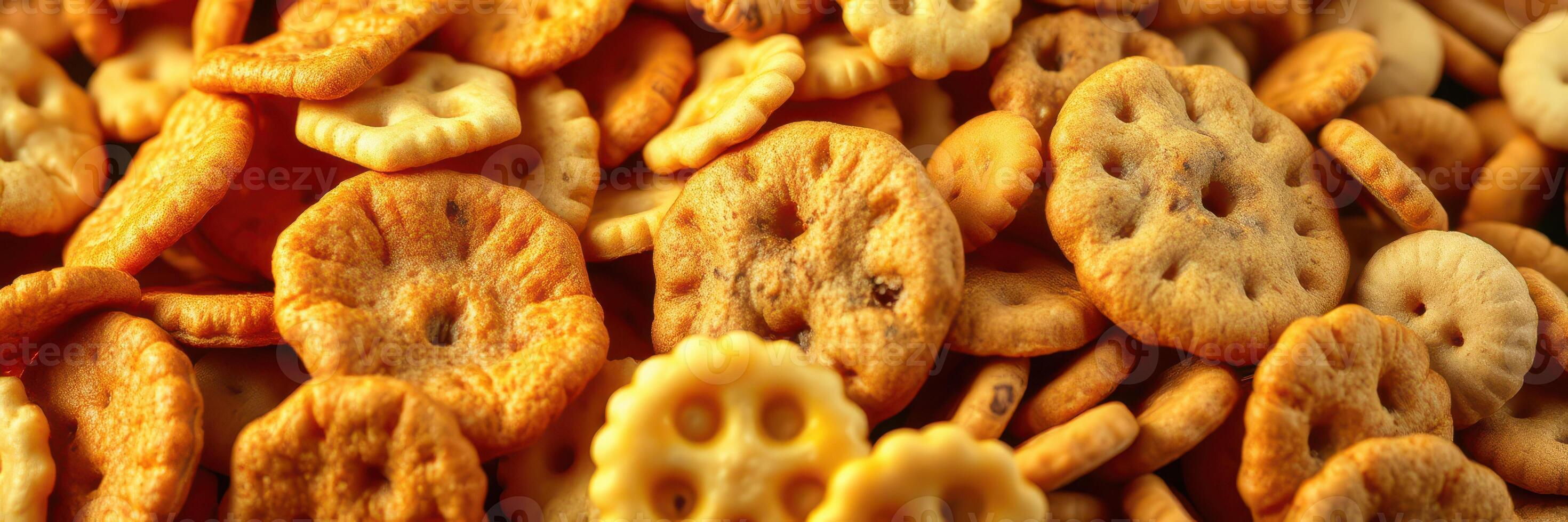 Assorted crunchy snacks displayed in a vibrant arrangement for a delicious treat experience photo