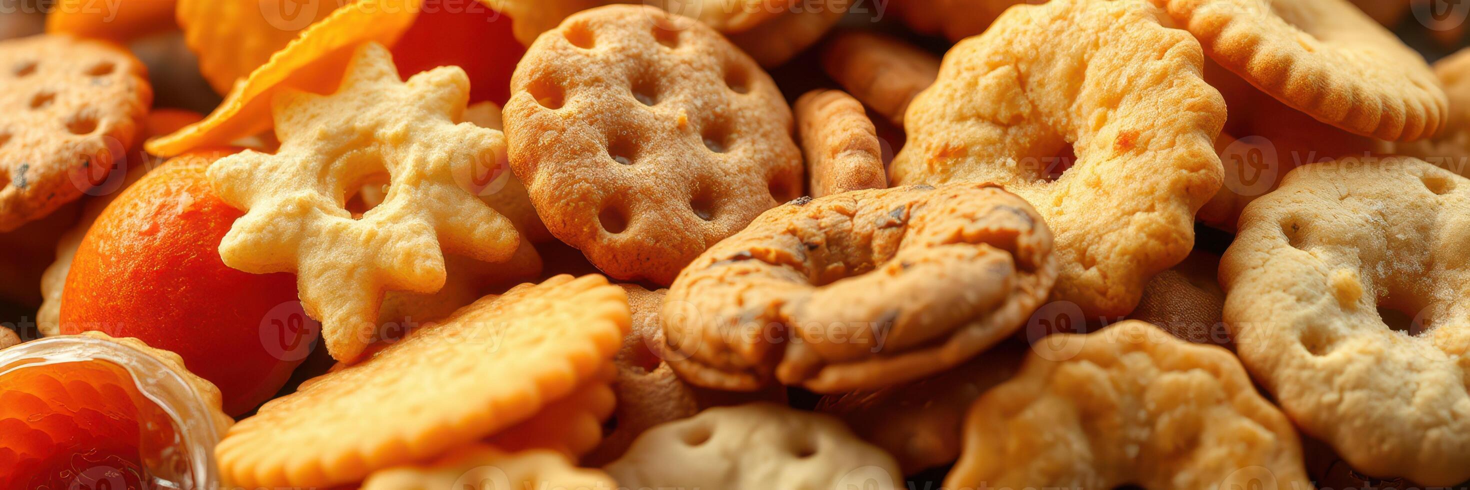 Variety of colorful baked snacks including crackers, cookies, and pretzels displayed together on a surface photo