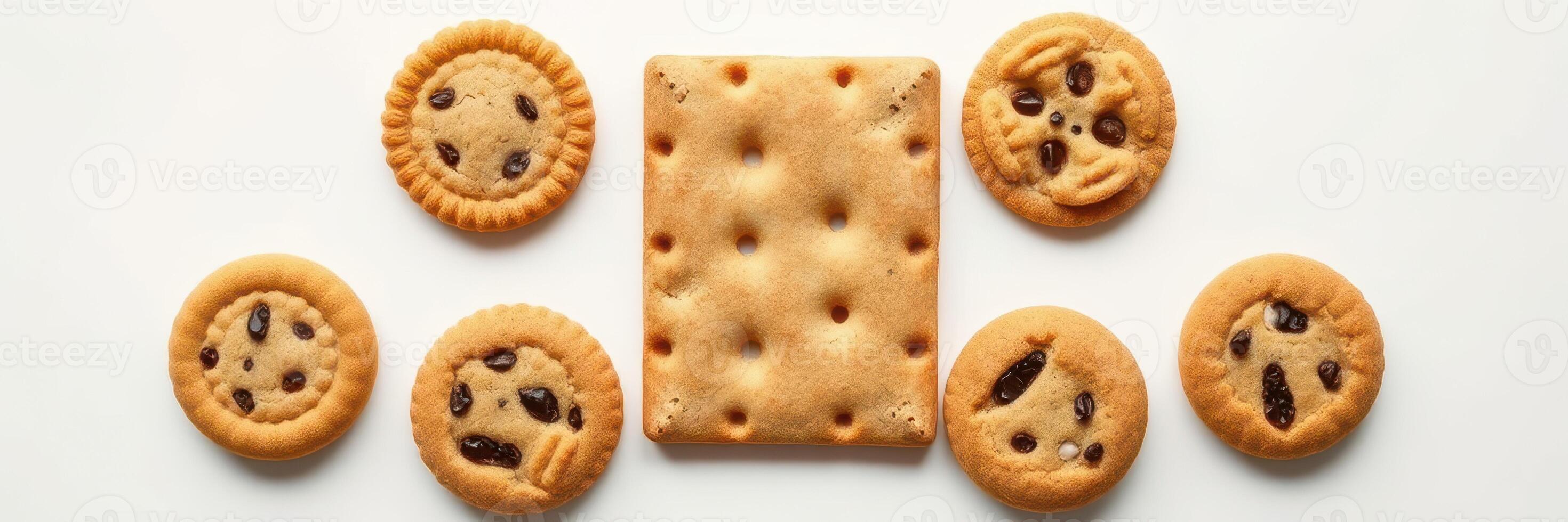 Cookies arranged artfully around a biscuit on a white background, showcasing a variety of textures and designs photo