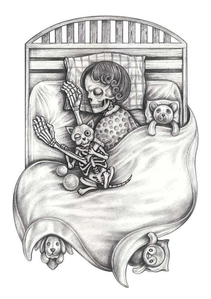 Skeleton dreamland resting sleep day of the dead hand drawing and make graphic . vector