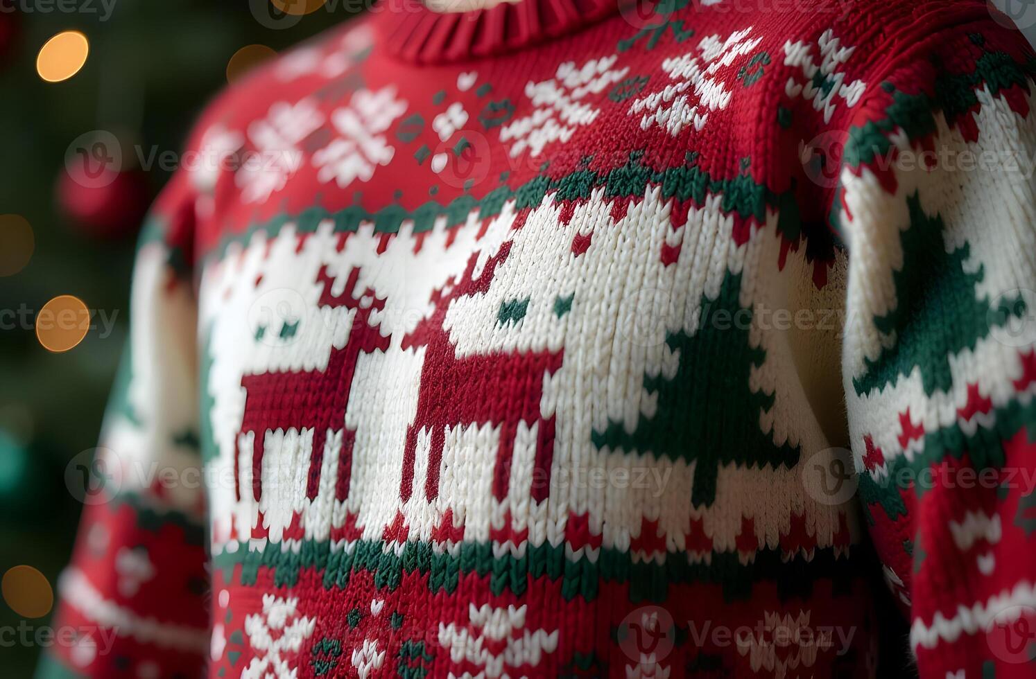 A cozy sweater featuring a festive Christmas pattern photo