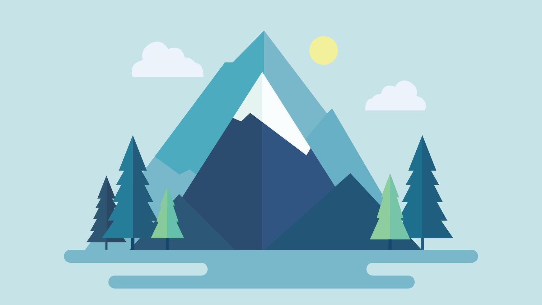 Green Mountain Nature Landscape with Pine Trees in Forest with Sun in Bright Sky vector