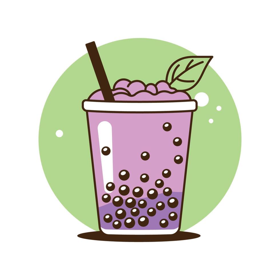 Fresh Delicious Grape Boba Bubble Drink Refreshment Beverage in Cup Glass with Leaf vector