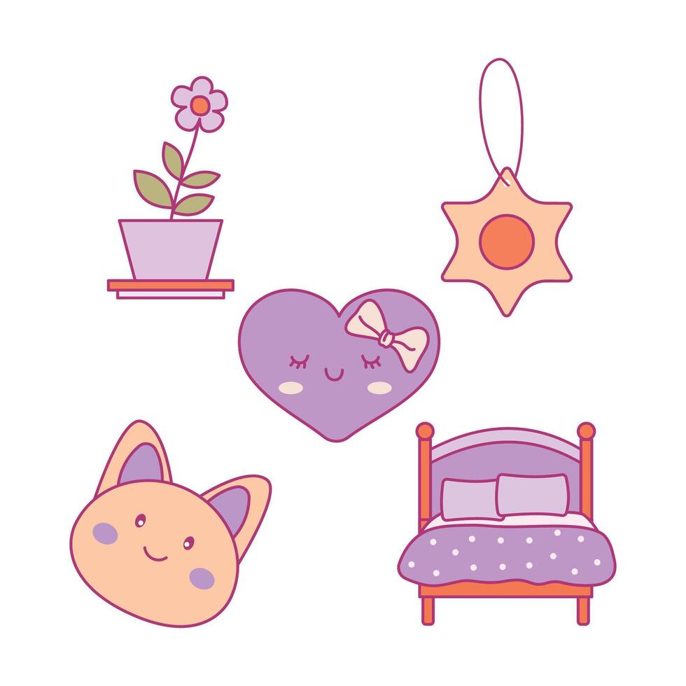 Cute Stuff Collection Set at Home with Cat Doll Toy Bed Plant Decoration vector