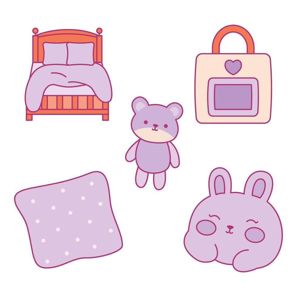 Cute Stuff Collection Set at Home with Bear Doll Toy Bed Decoration vector