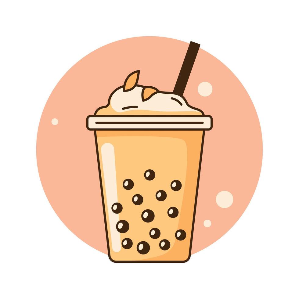 Fresh Delicious Milk Tea Boba Bubble Creamy Drink Refreshment Beverage in Cup Glass vector
