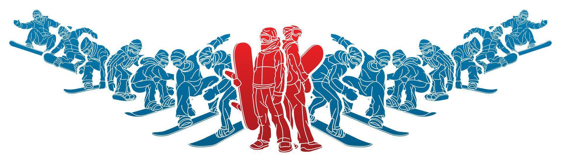 Silhouette Group of Extreme Sport Players Snowboard Players Snowboarder Mix Action Cartoon Graphic vector