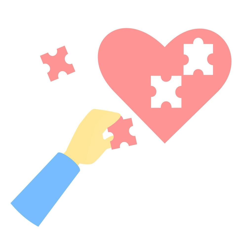 people make pink heart jigsaw. romantic, problem solving, mental health vector