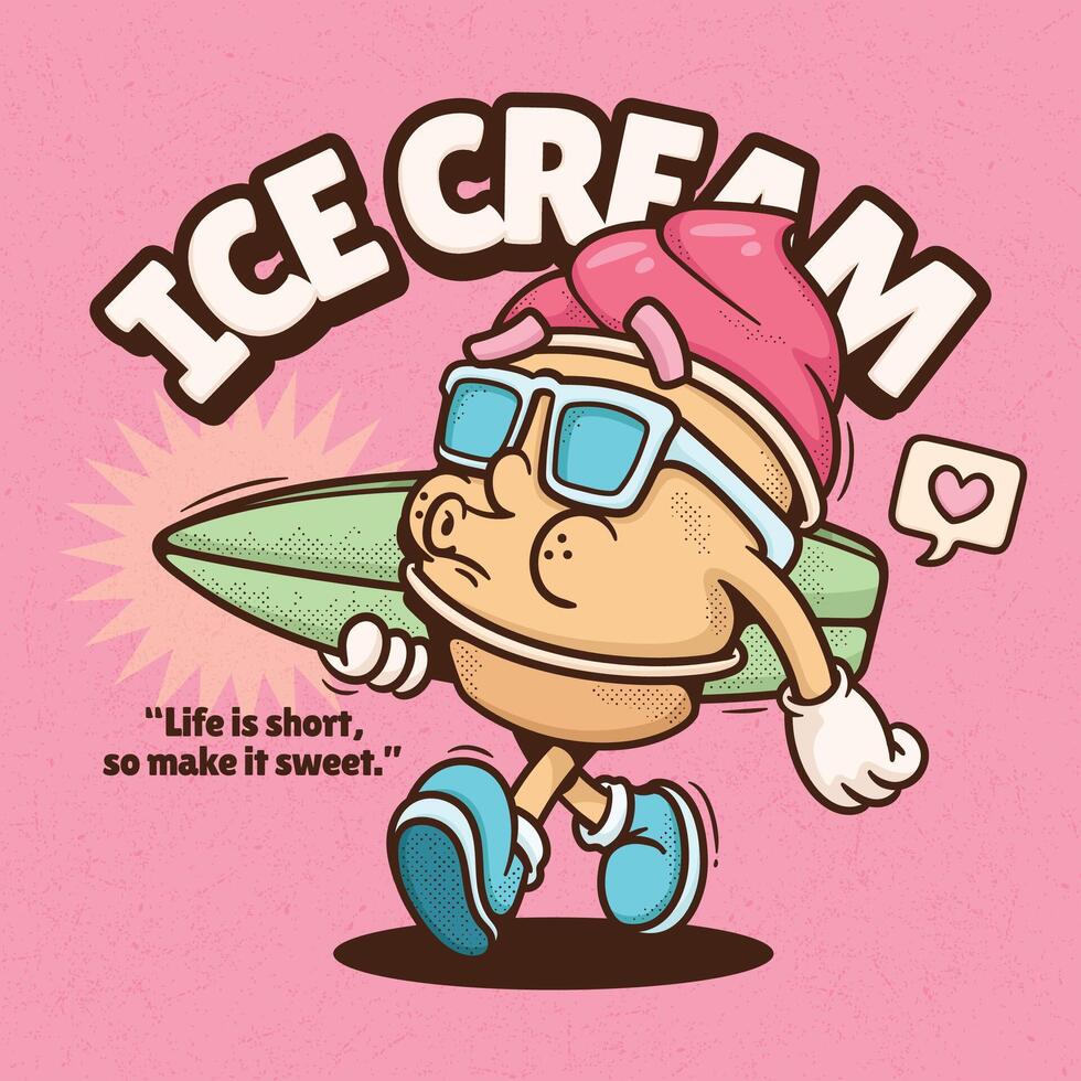 Ice Cream Trendy Retro Cartoon Hand Drawn vector