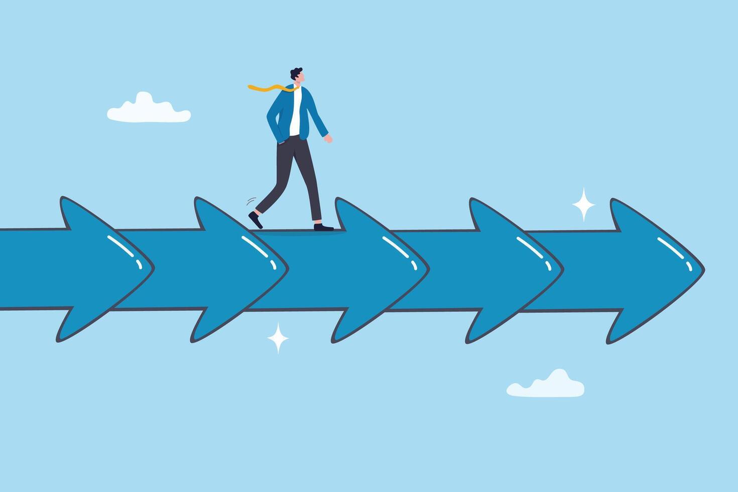 Consistency to growth, reliability or stability to progress in career development, balance or steady step, continuity growing, certainty concept, businessman walk slowly on steady consistence arrow. vector