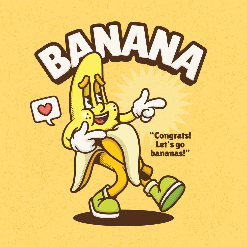 Banana Trendy Retro Cartoon Hand Drawn vector