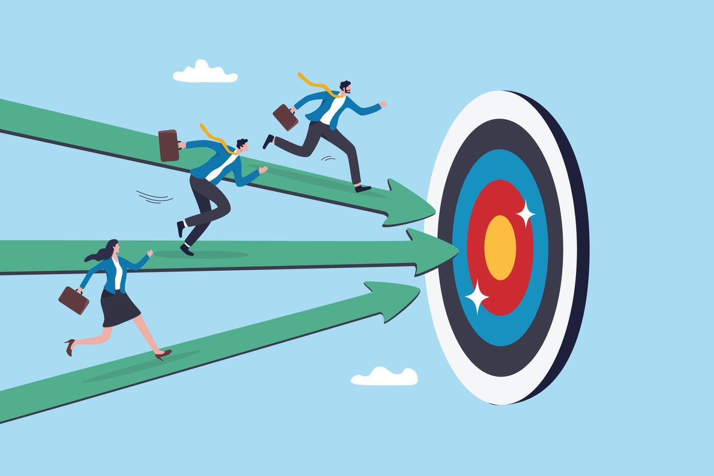 Competition or race to reach business goal or target, effort or challenge to achievement, motivation, progress or performance win business competition concept, business people run on arrow to target. vector