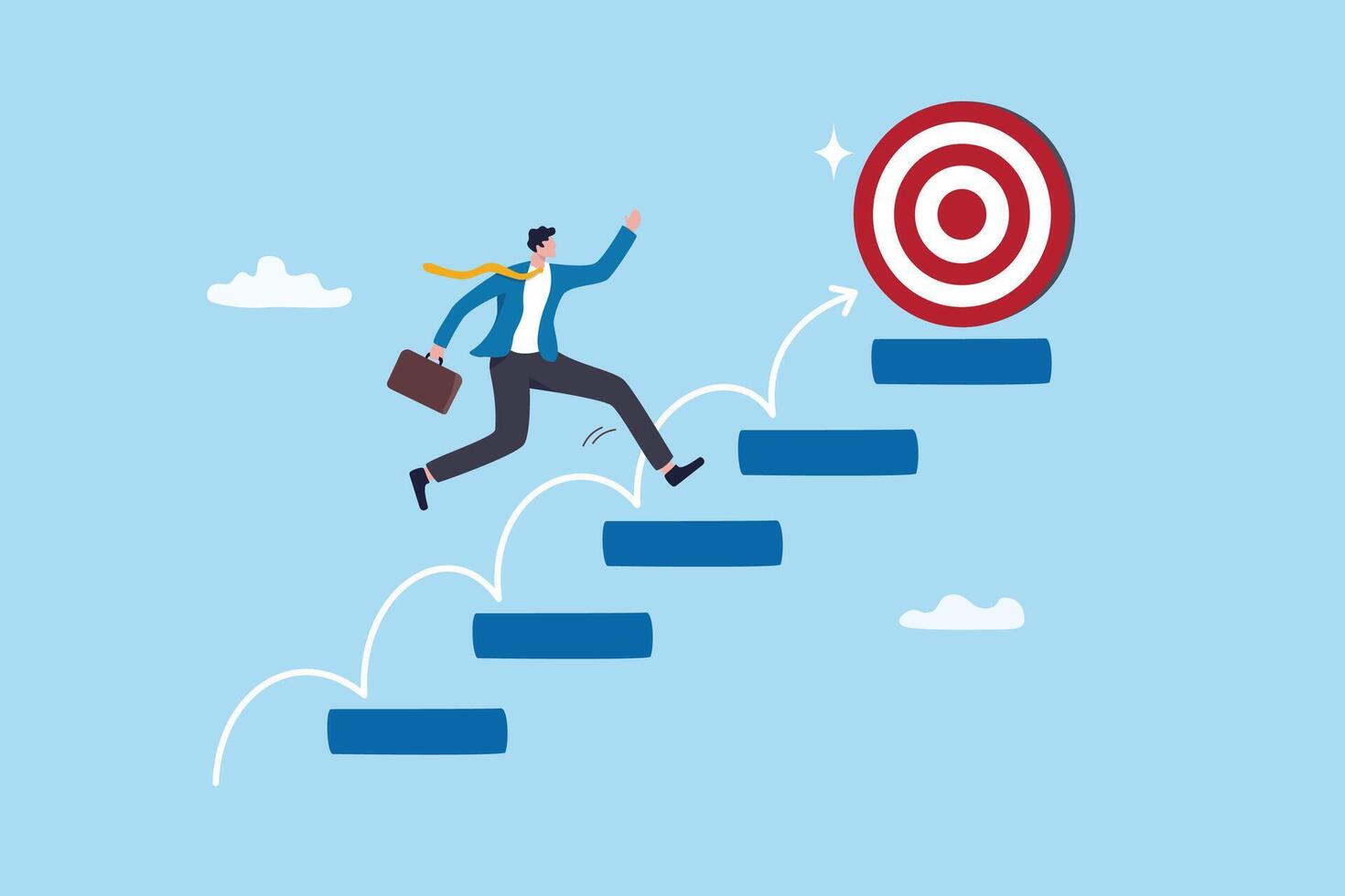 Step or progress to success and reach goal target, leadership to improve personal development, ladder or staircase to achieve goal, aspiration or career path, businessman run up stair to success. vector