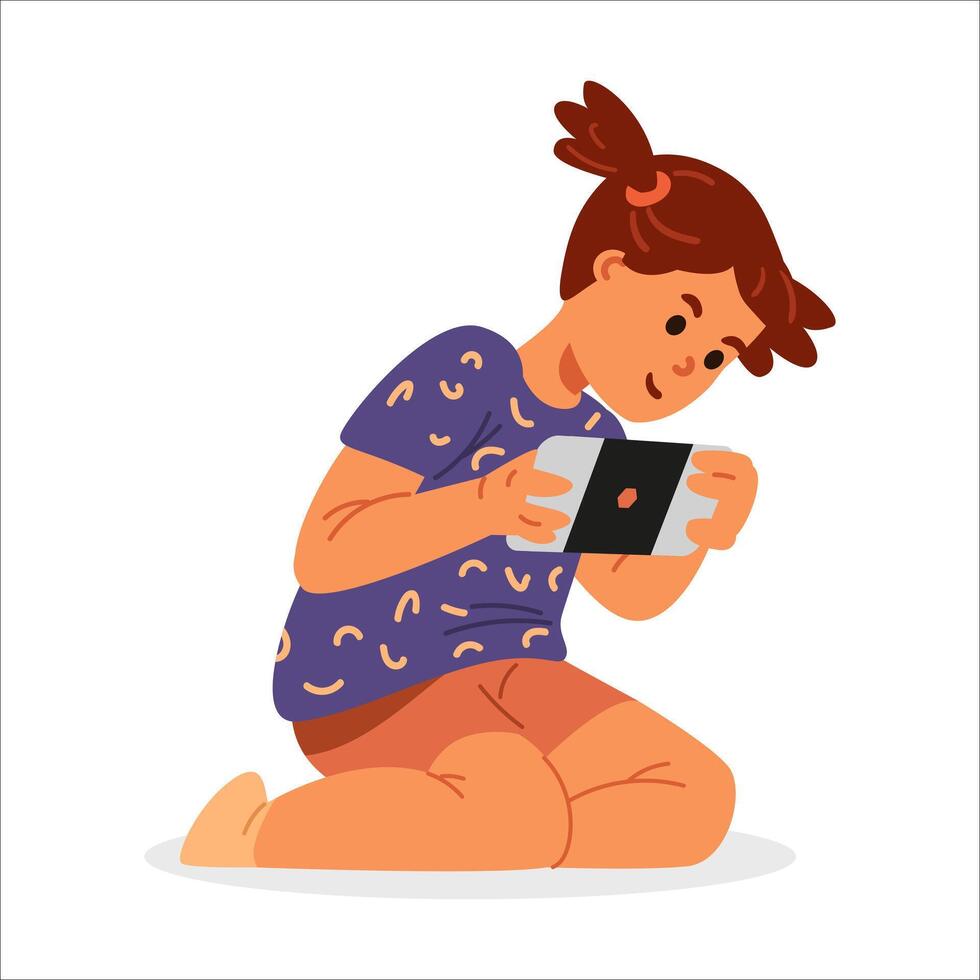 Girl sitting on knees playing smartphone flat illustration isolated on white. vector