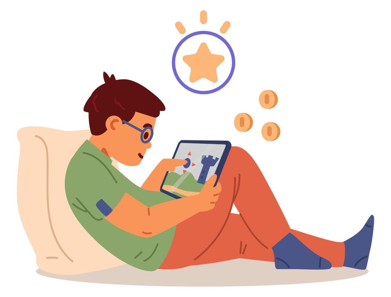 Boy playing game on tablet flat illustration isolated on white. Gadget addiction. vector