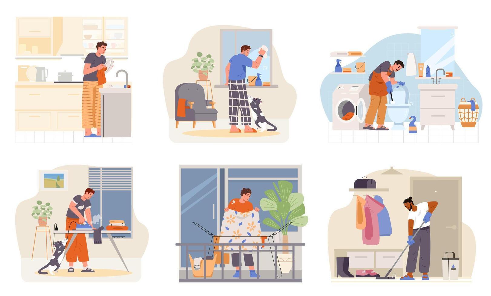 Men of different ethnicity doing house chores scenes flat set. Men doing house chores in the kitchen, bathroom, living room, hallway. vector