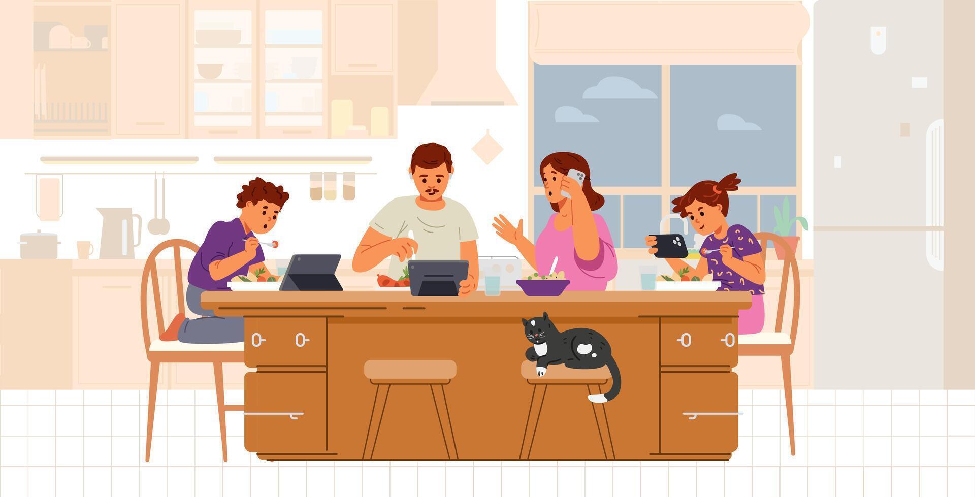 Gadget-addicted family with two children at dinner table in the kitchen flat illustration isolated on white. Parents and children using tablets and smartphone while eating. vector