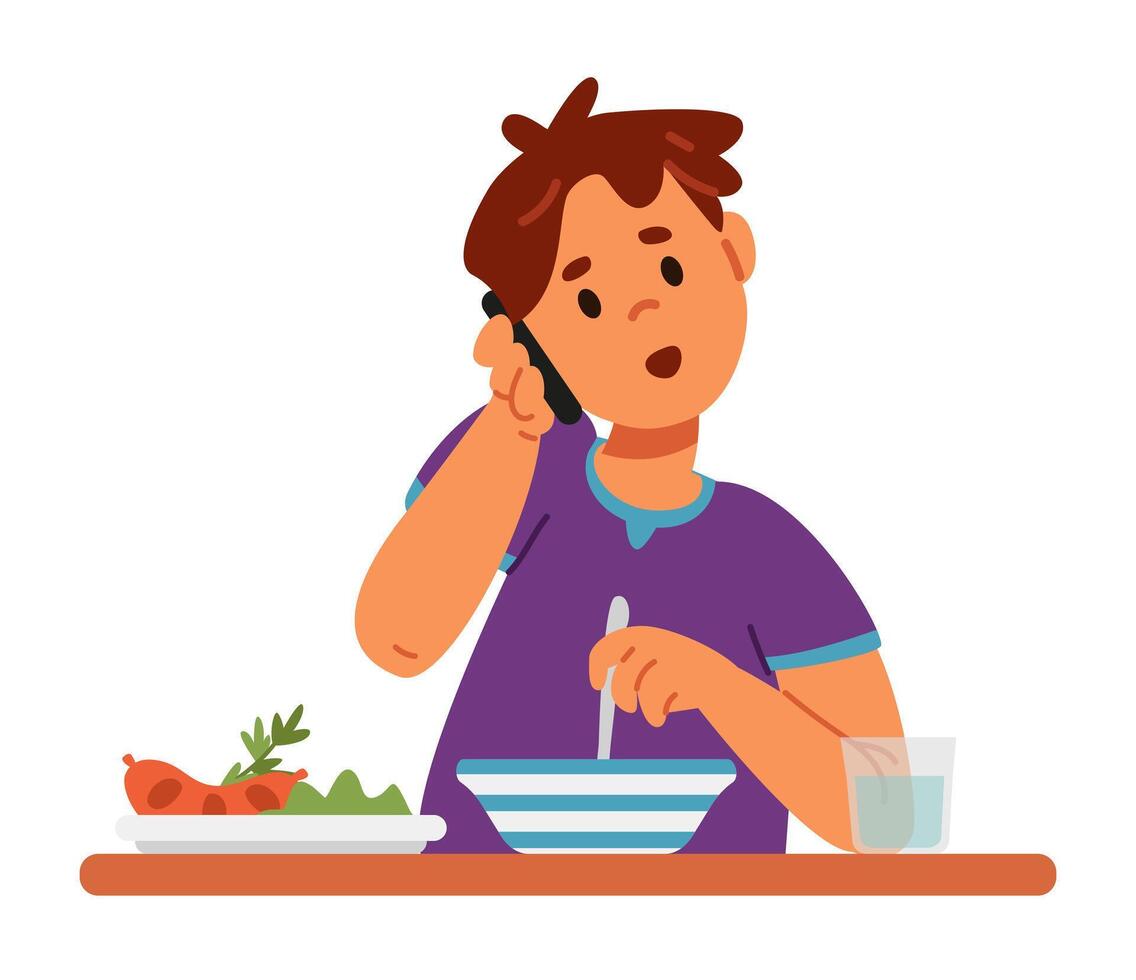 Boy eating lunch and talking by smartphone flat illustration isolated on white. Gadget addiction problem. vector