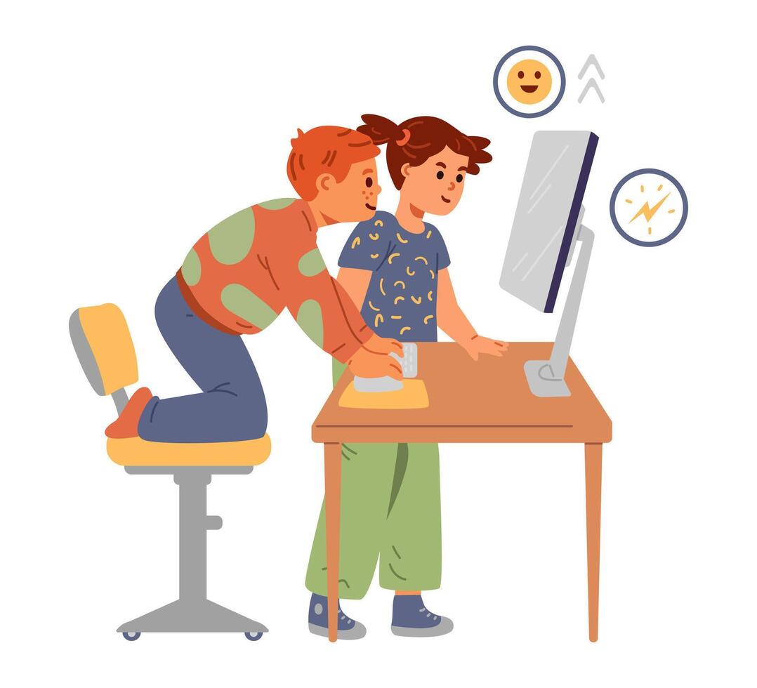 Boy and girl watching to computer screnn together flat illustration isolated on white. vector