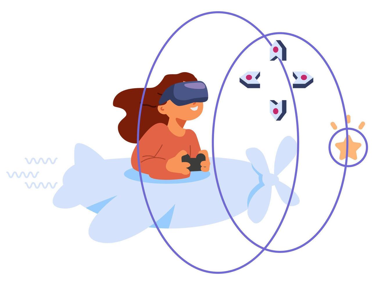 Girl wearing virtual reality headset with gamepad controls a virtual airplane flat illustration isolated on white. vector