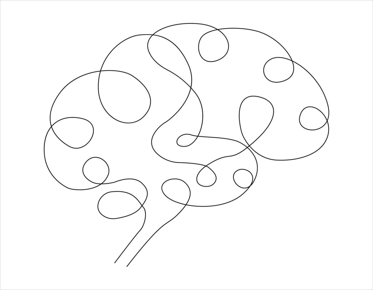 Continuous single line drawing of brain outline vector