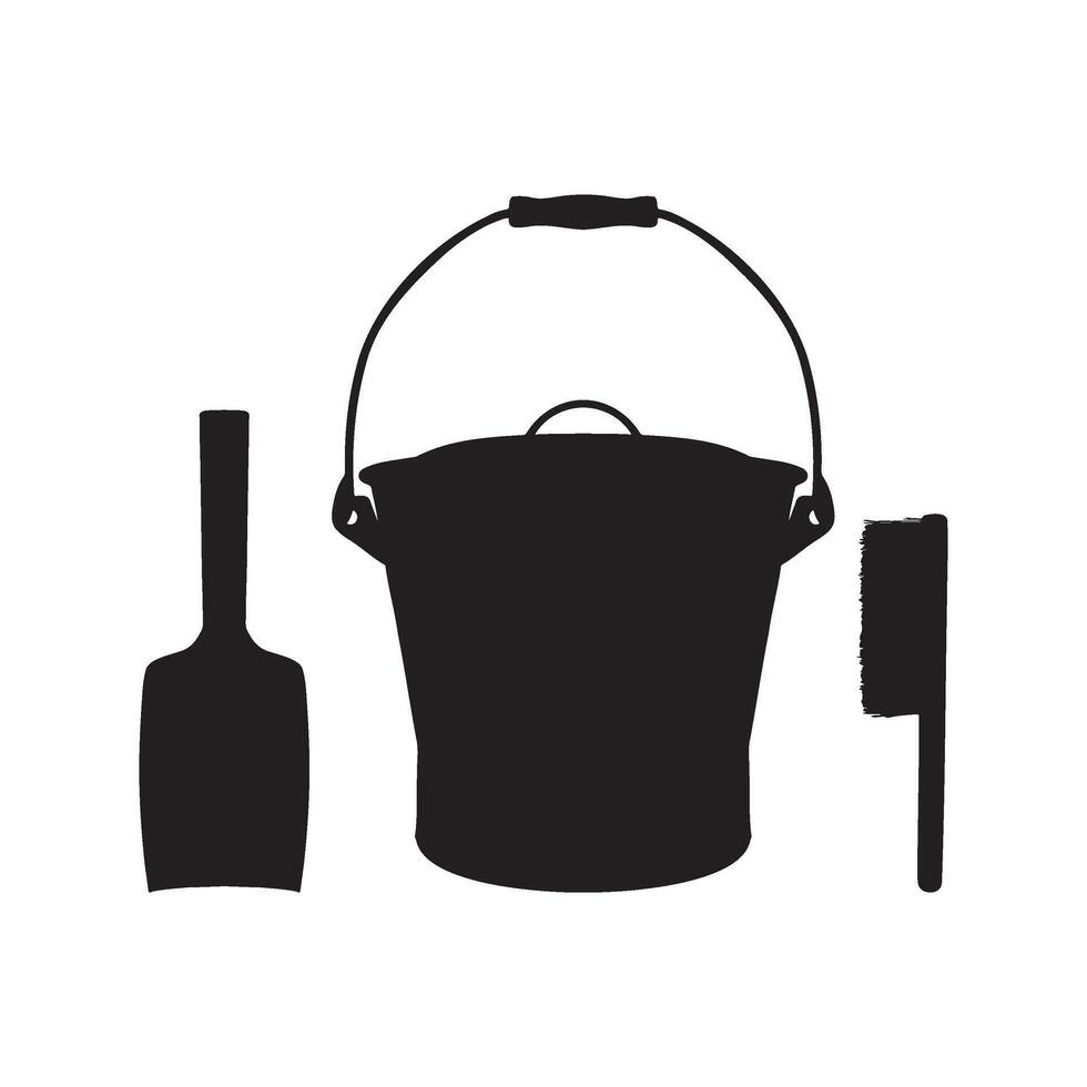 Ash Bucket with Shovel and Hand Broom Silhouette Illustration vector