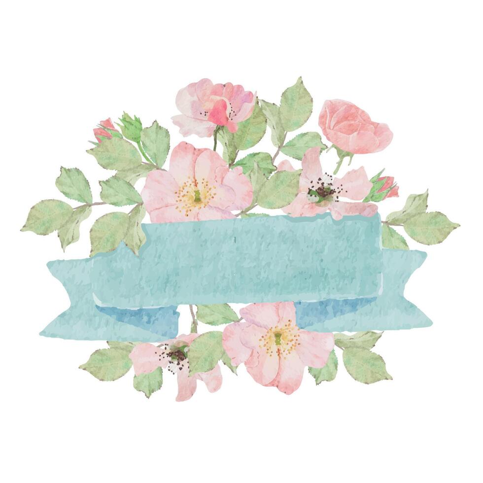 watercolor pink clair martin rose wreath frame with blue ribbon vector