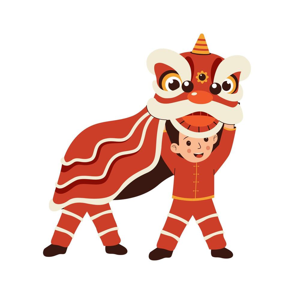 Boys playing chinese lion dancing vector