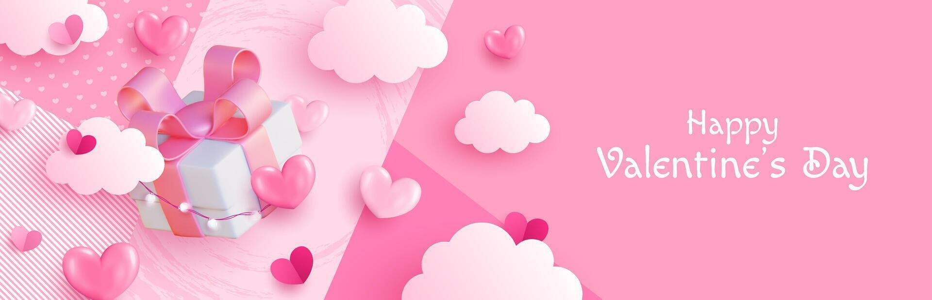 Valentine's Day background with hearts, clouds, gift boxes and lights. Cute illustration for love sale banner or greeting card. vector