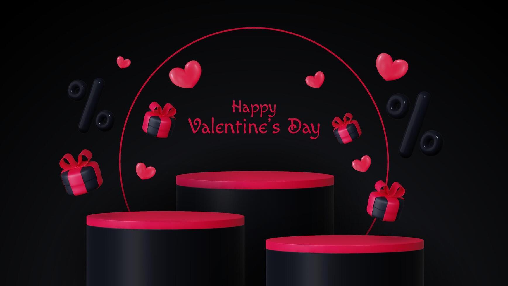 Valentine's day banner featuring a black gift box, shopping bag, discount balloon and product display podium. vector