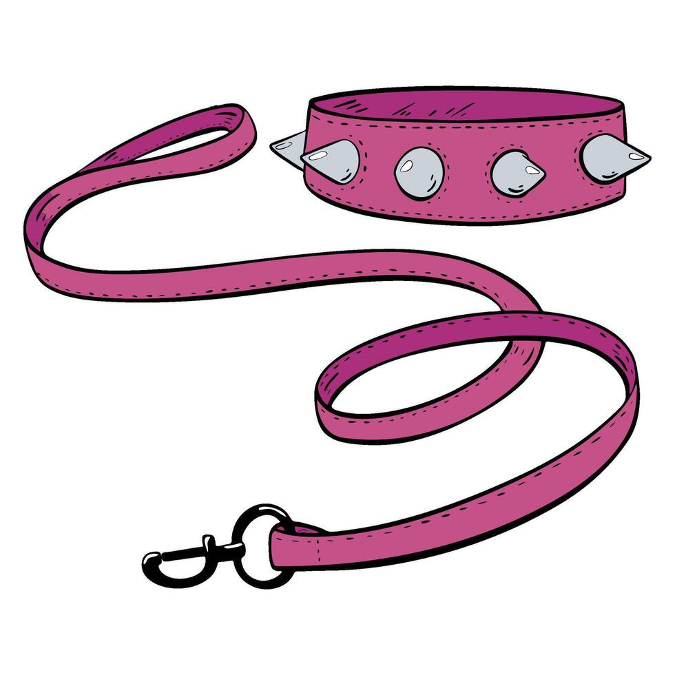 Stylish Pink Dog Collar and Leash combination featuring trendy spikes for a modern touch. illustration. Pet shop vector