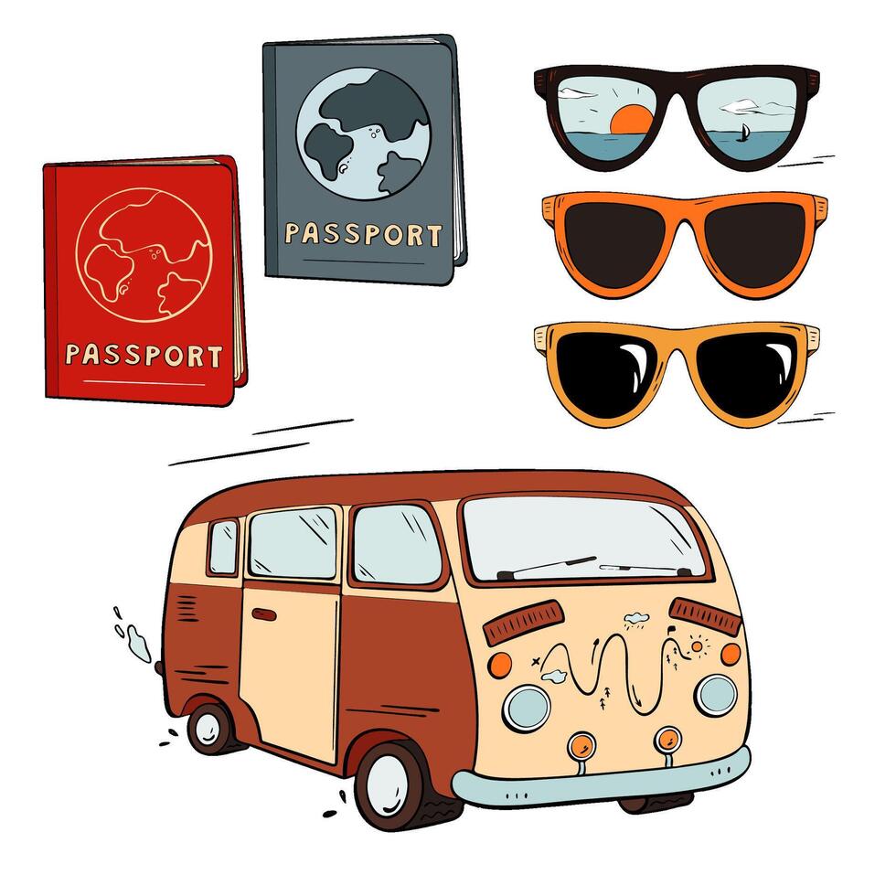Travel Essentials Bring your Passport and Stylish Sunglasses for Ideal Adventures vector