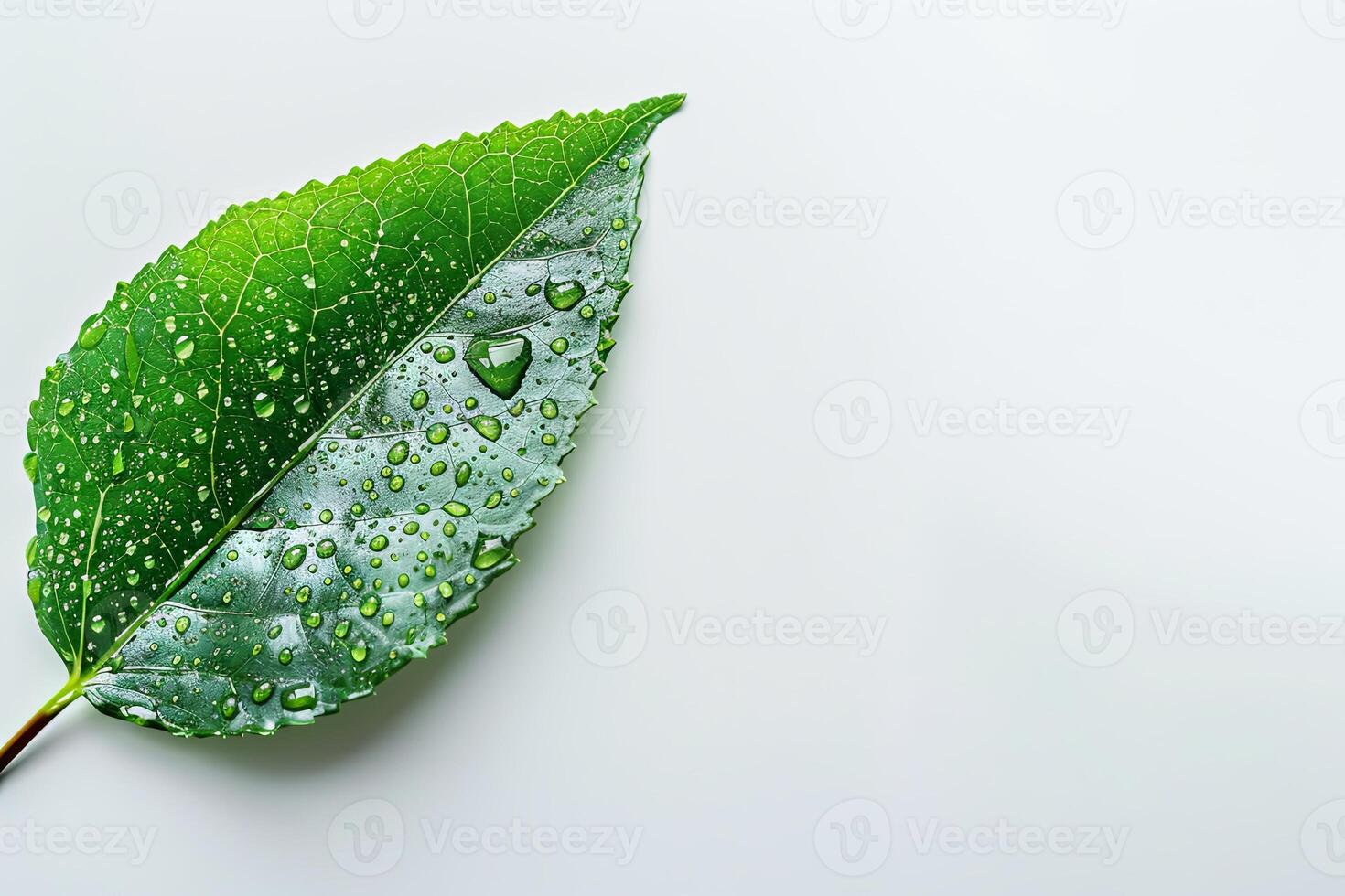 Green leaf with refreshing water droplets on a white background photo